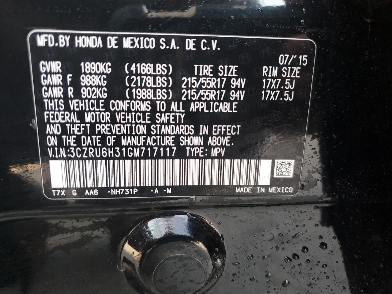 2016 Honda HR-V VIN 3CZRU6H31GM717117 Copart auction photo, front end damage thumbnail 13