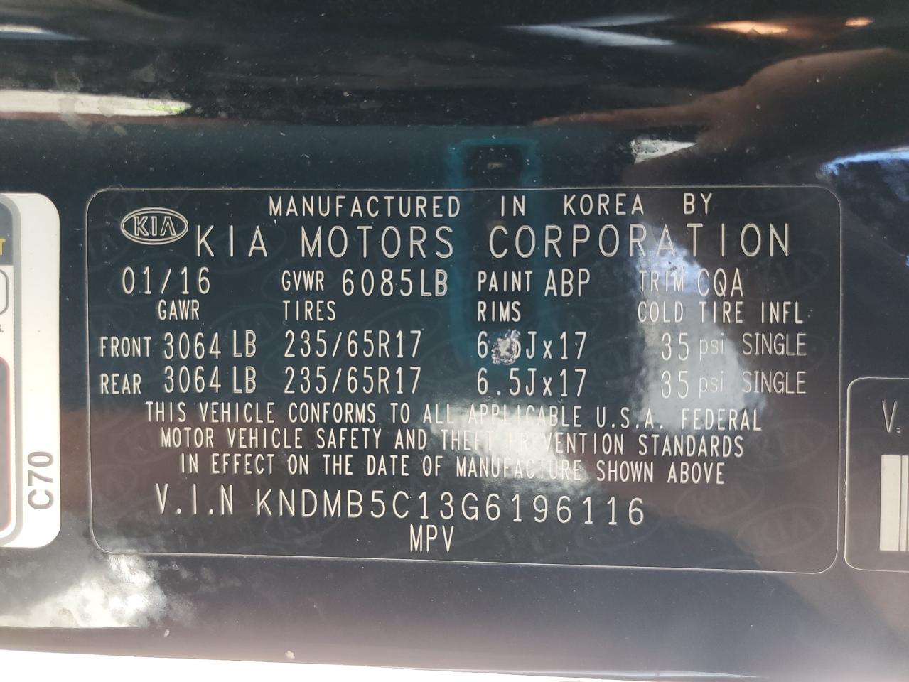 2016 KIA Sedona VIN KNDMB5C13G6196116 Copart auction photo, front end damage thumbnail 13