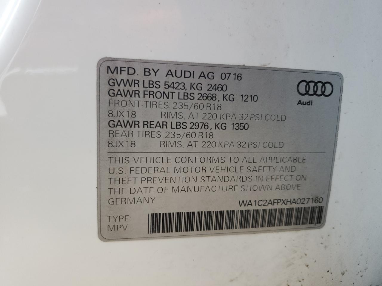 2017 Audi Q5 VIN WA1C2AFPXHA027160 Copart auction photo, front end damage thumbnail 16