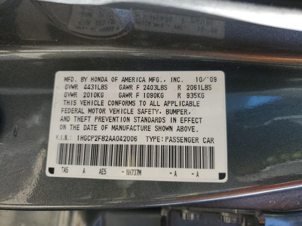 2010 Honda Accord VIN 1HGCP2F82AA042006 Copart auction photo, minor dent/scratches / mechanical damage thumbnail 12
