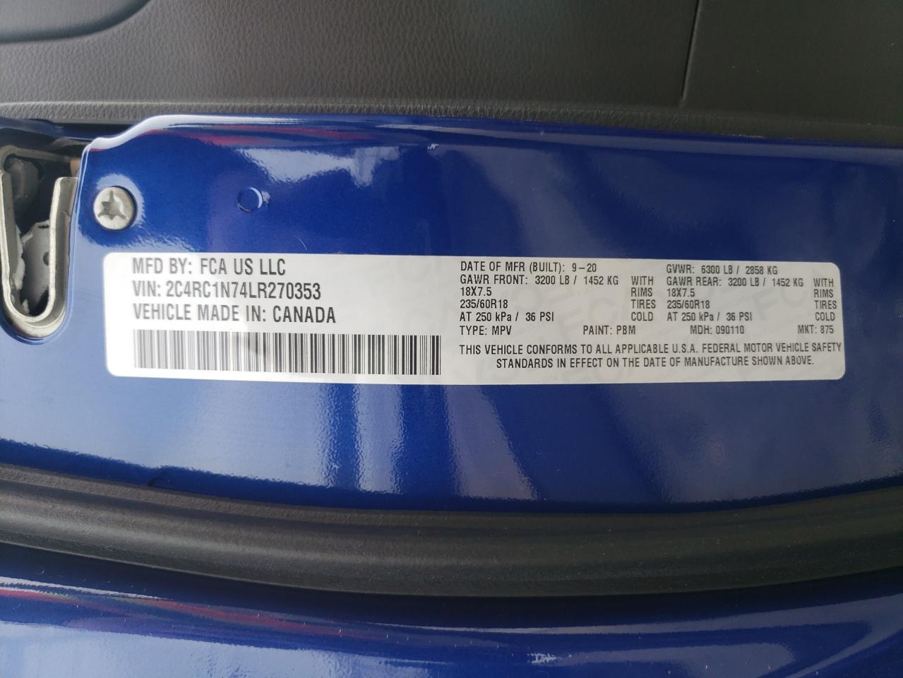 2020 Chrysler Pacifica VIN 2C4RC1N74LR270353 Copart auction photo, rear end / side damage thumbnail 14