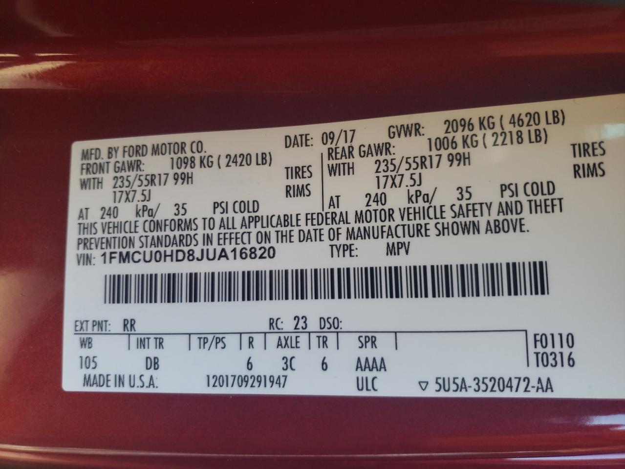 2018 Ford Escape VIN 1FMCU0HD8JUA16820 Copart auction photo, side / front end damage thumbnail 14