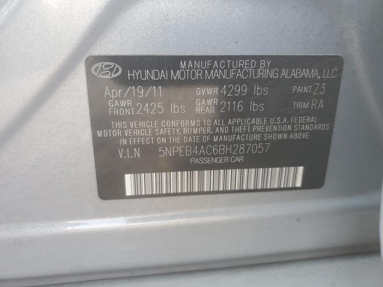 2011 Hyundai Sonata VIN 5NPEB4AC6BH287057 Copart auction photo, front end damage thumbnail 12