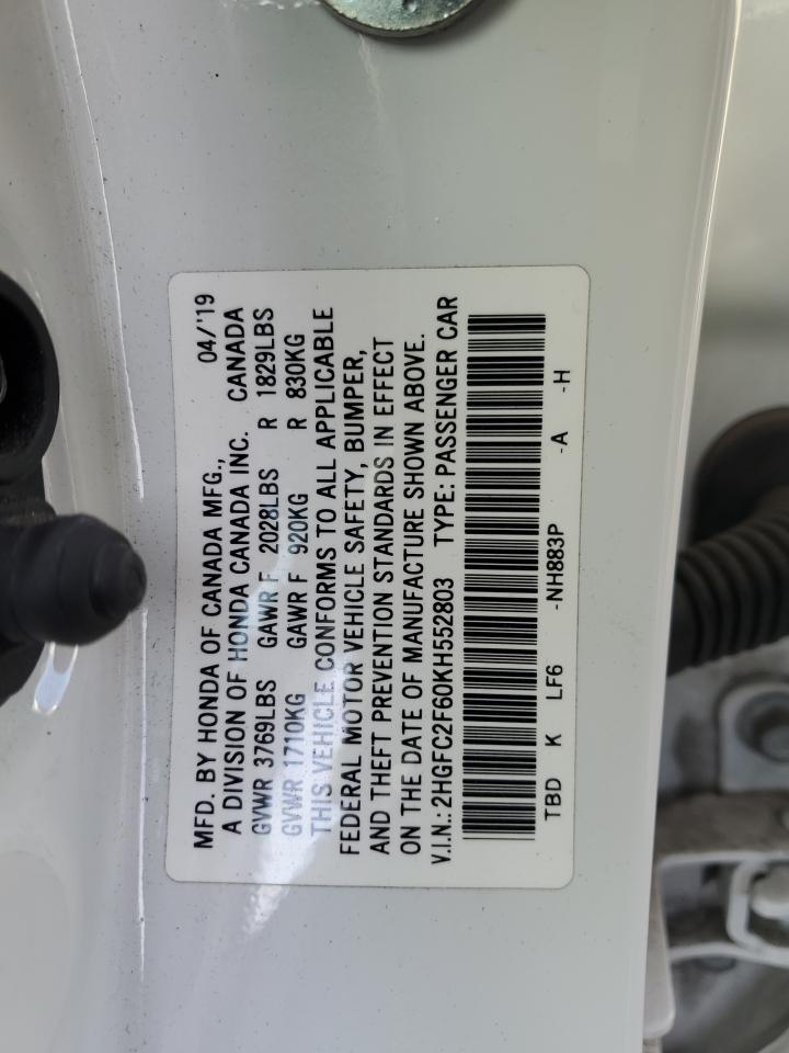 2019 Honda Civic VIN 2HGFC2F60KH552803 Copart auction photo, front end damage thumbnail 12