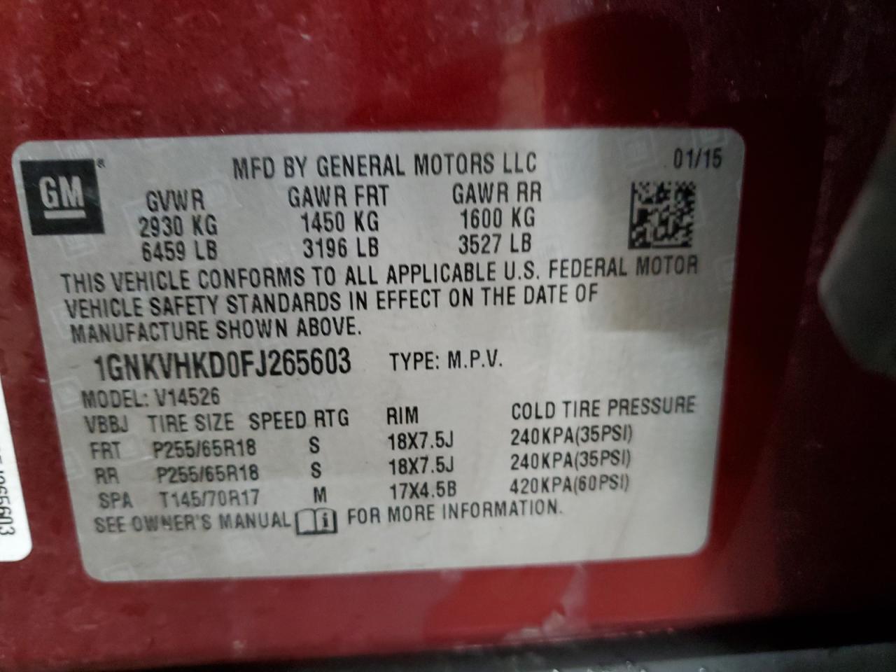 2015 Chevrolet Traverse VIN 1GNKVHKD0FJ265603 Copart auction photo, front end damage thumbnail 14