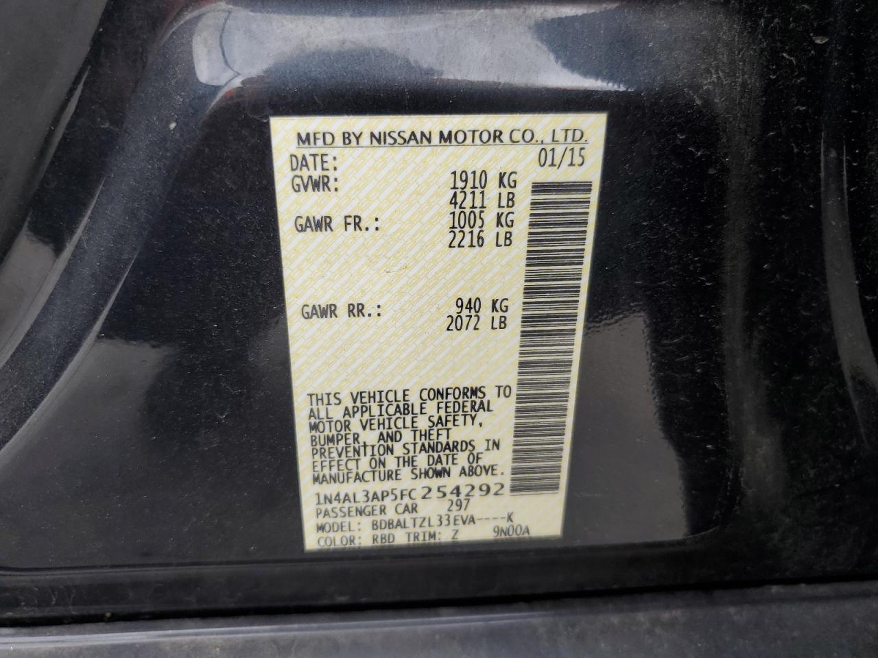 2015 Nissan Altima VIN 1N4AL3AP5FC254292 Copart auction photo, rear end / front end damage thumbnail 12