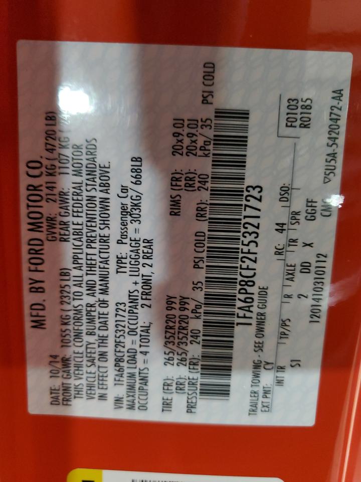 2015 Ford Mustang VIN 1FA6P8CF2F5321723 Copart auction photo, front end damage thumbnail 14
