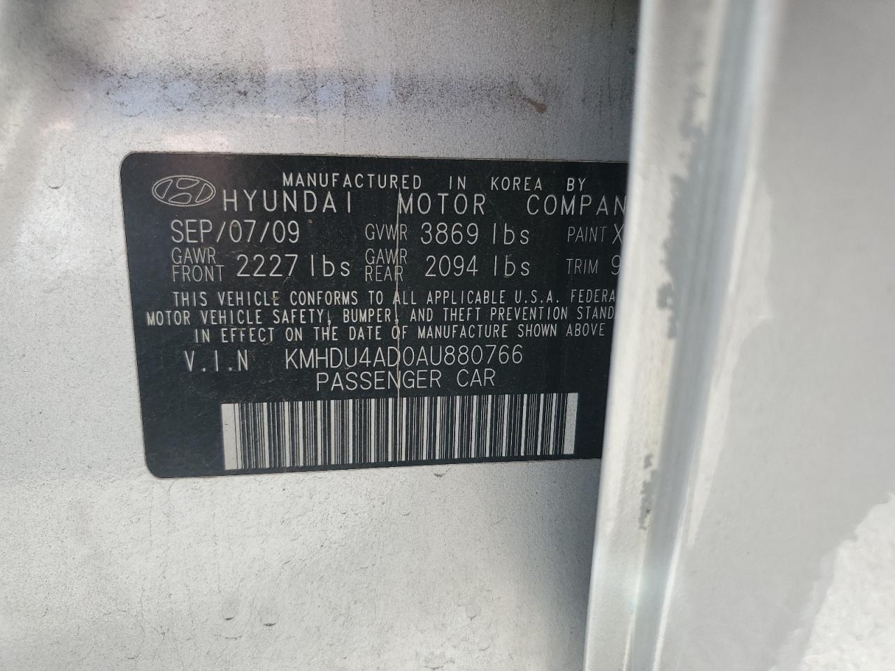 2010 Hyundai Elantra VIN KMHDU4AD0AU880766 Copart auction photo, rear end damage thumbnail 12