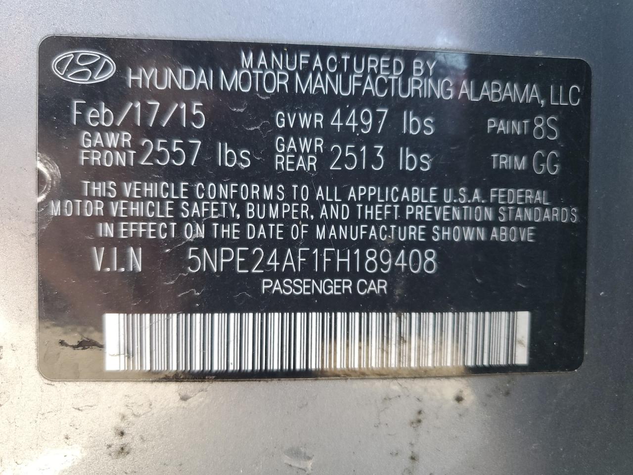 2015 Hyundai Sonata VIN 5NPE24AF1FH189408 Copart auction photo, front end / side damage thumbnail 12