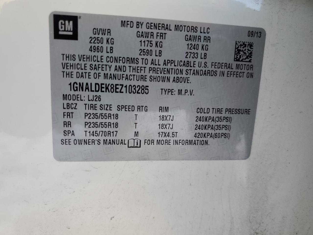 2014 Chevrolet Equinox VIN 1GNALDEK8EZ103285 Copart auction photo, front end damage thumbnail 13