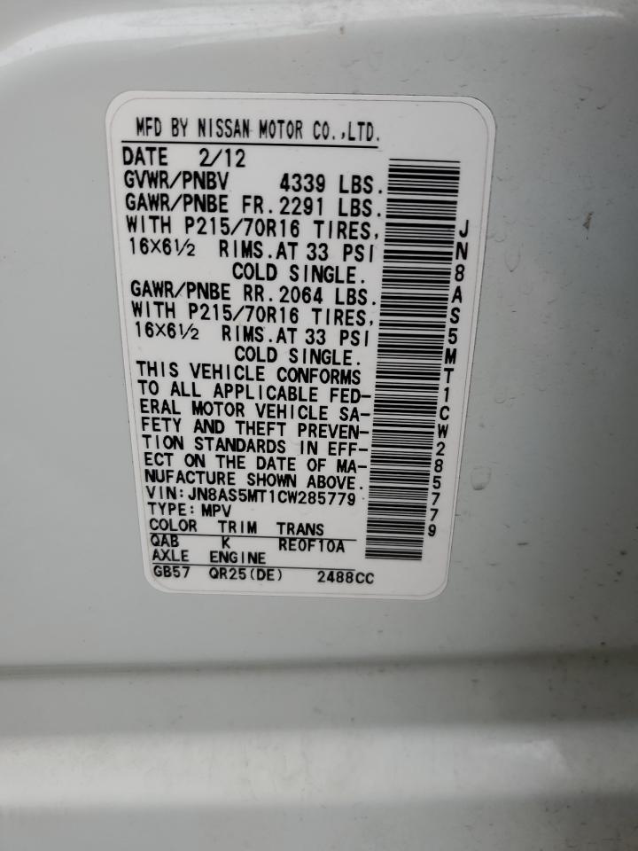 2012 Nissan Rogue VIN JN8AS5MT1CW285779 Copart auction photo, front end damage thumbnail 14