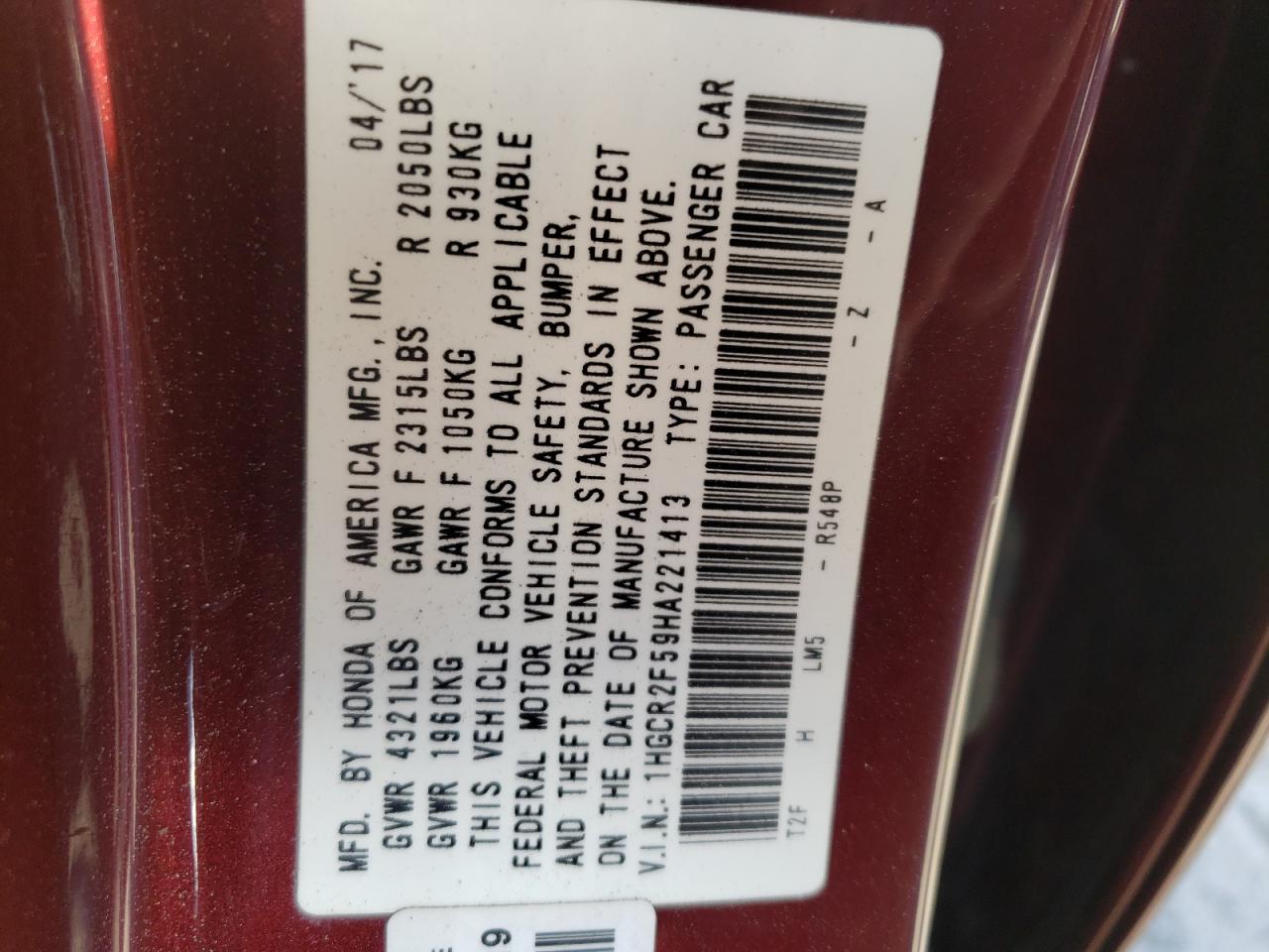 2017 Honda Accord VIN 1HGCR2F59HA221413 Copart auction photo, front end / minor dent/scratches damage thumbnail 12