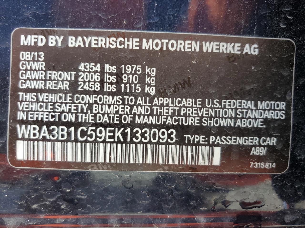 2014 BMW 3er VIN WBA3B1C59EK133093 Copart auction photo, water/flood / minor dent/scratches damage thumbnail 12