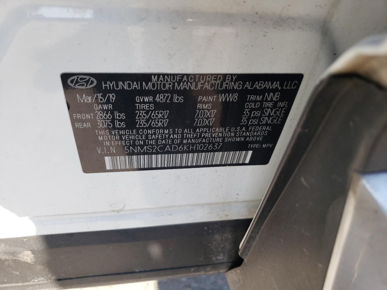 2019 Hyundai Santa Fe VIN 5NMS2CAD6KH102637 Copart auction photo, front end / side damage thumbnail 13