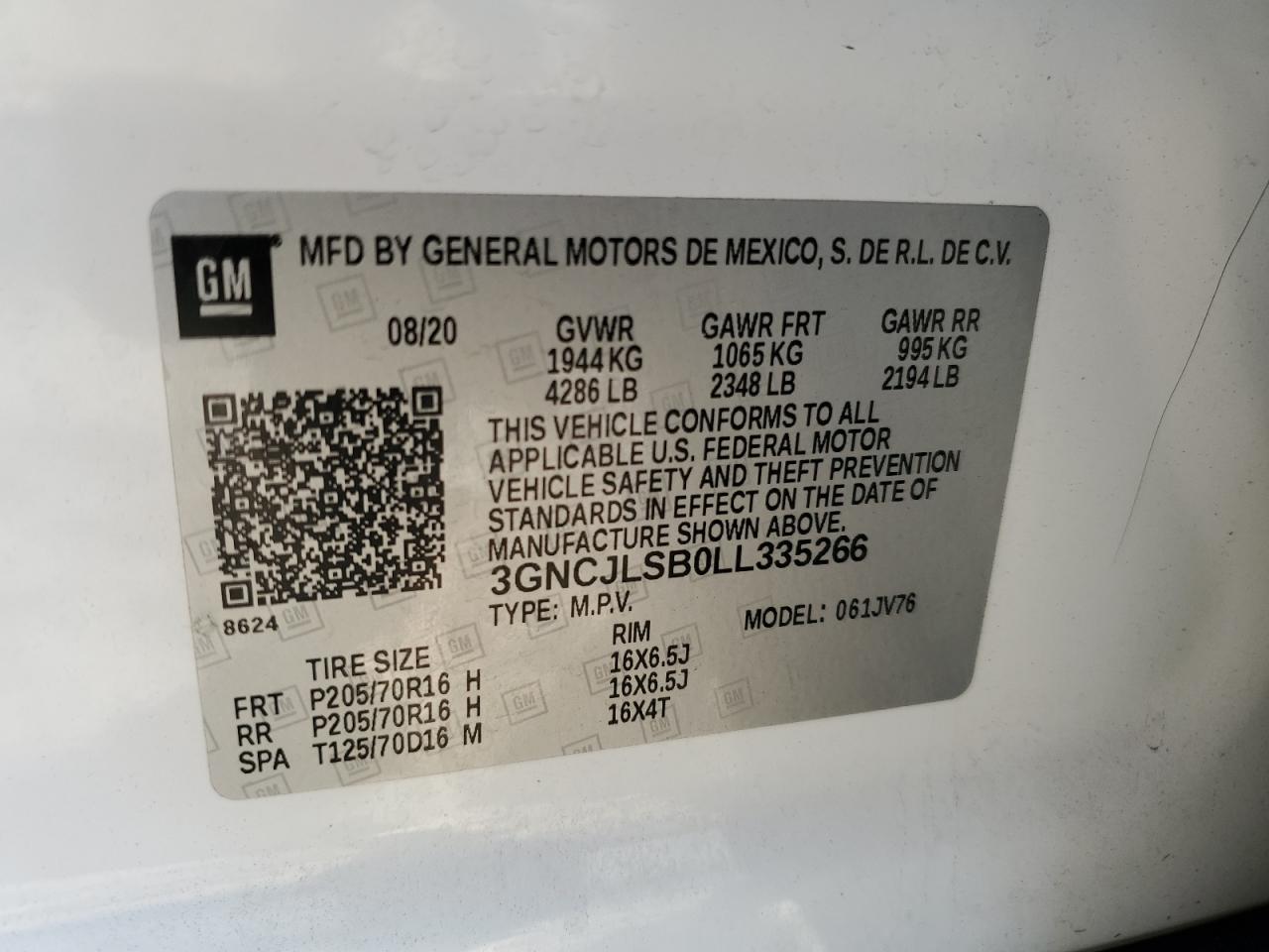 2020 Chevrolet Trax VIN 3GNCJLSB0LL335266 Copart auction photo, front end / minor dent/scratches damage thumbnail 15