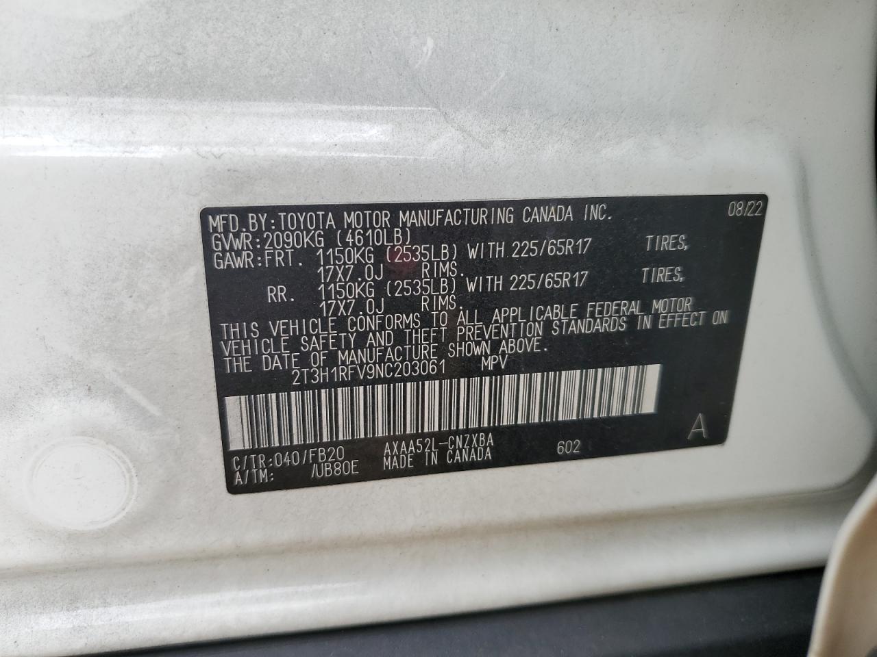 2022 Toyota RAV 4 VIN 2T3H1RFV9NC203061 Copart auction photo, front end / rear end damage thumbnail 13