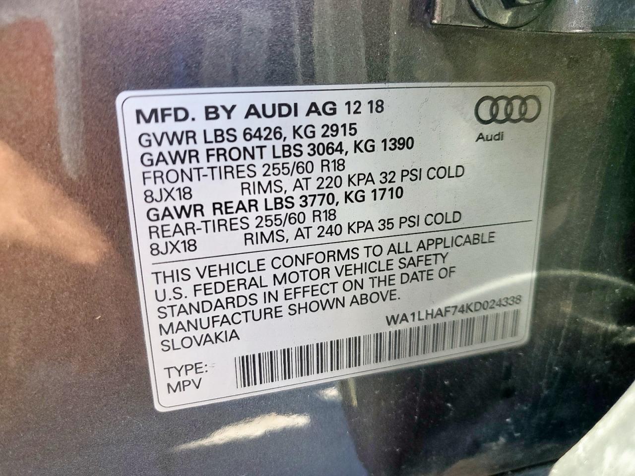 2019 Audi Q7 VIN WA1LHAF74KD024338 Copart auction photo, rear end / minor dent/scratches damage thumbnail 13