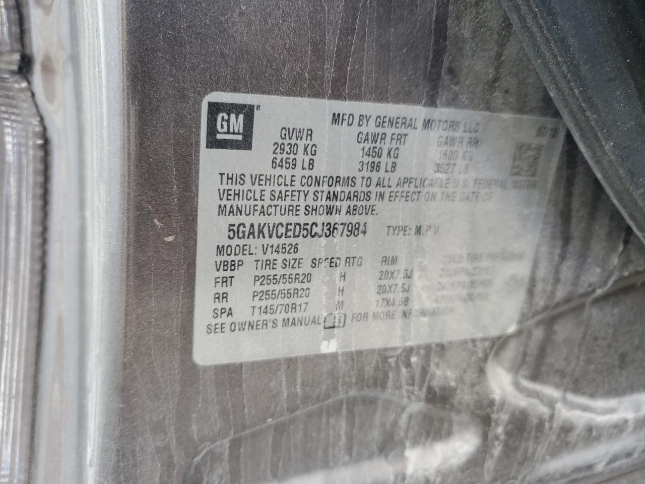 2012 Buick Enclave VIN 5GAKVCED5CJ367984 Copart auction photo, rear end damage thumbnail 13