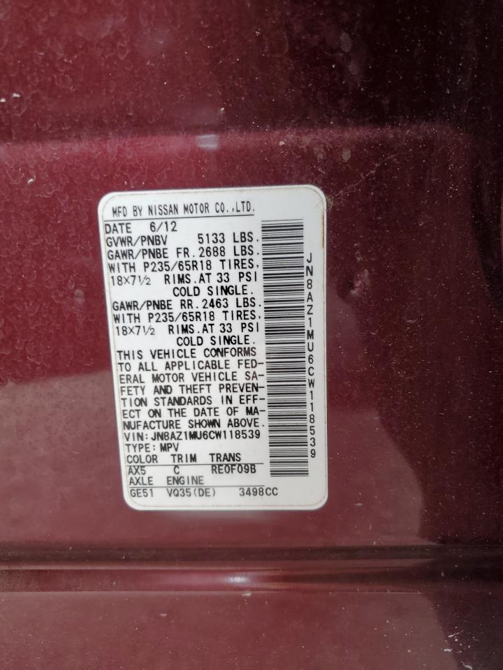 2012 Nissan Murano VIN JN8AZ1MU6CW118539 Copart auction photo, rollover damage thumbnail 13