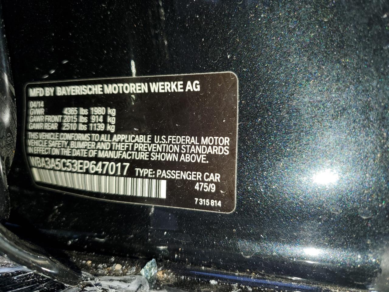 2014 BMW 3er VIN WBA3A5C53EP647017 Copart auction photo, side / minor dent/scratches damage thumbnail 12