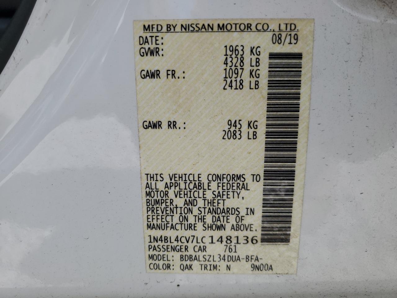 2020 Nissan Altima VIN 1N4BL4CV7LC148136 Copart auction photo, front end / mechanical damage thumbnail 14