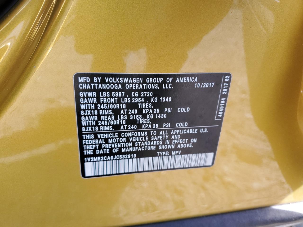 2018 Volkswagen Atlas VIN 1V2MR2CA0JC532919 Copart auction photo, frame damage / front end damage thumbnail 15