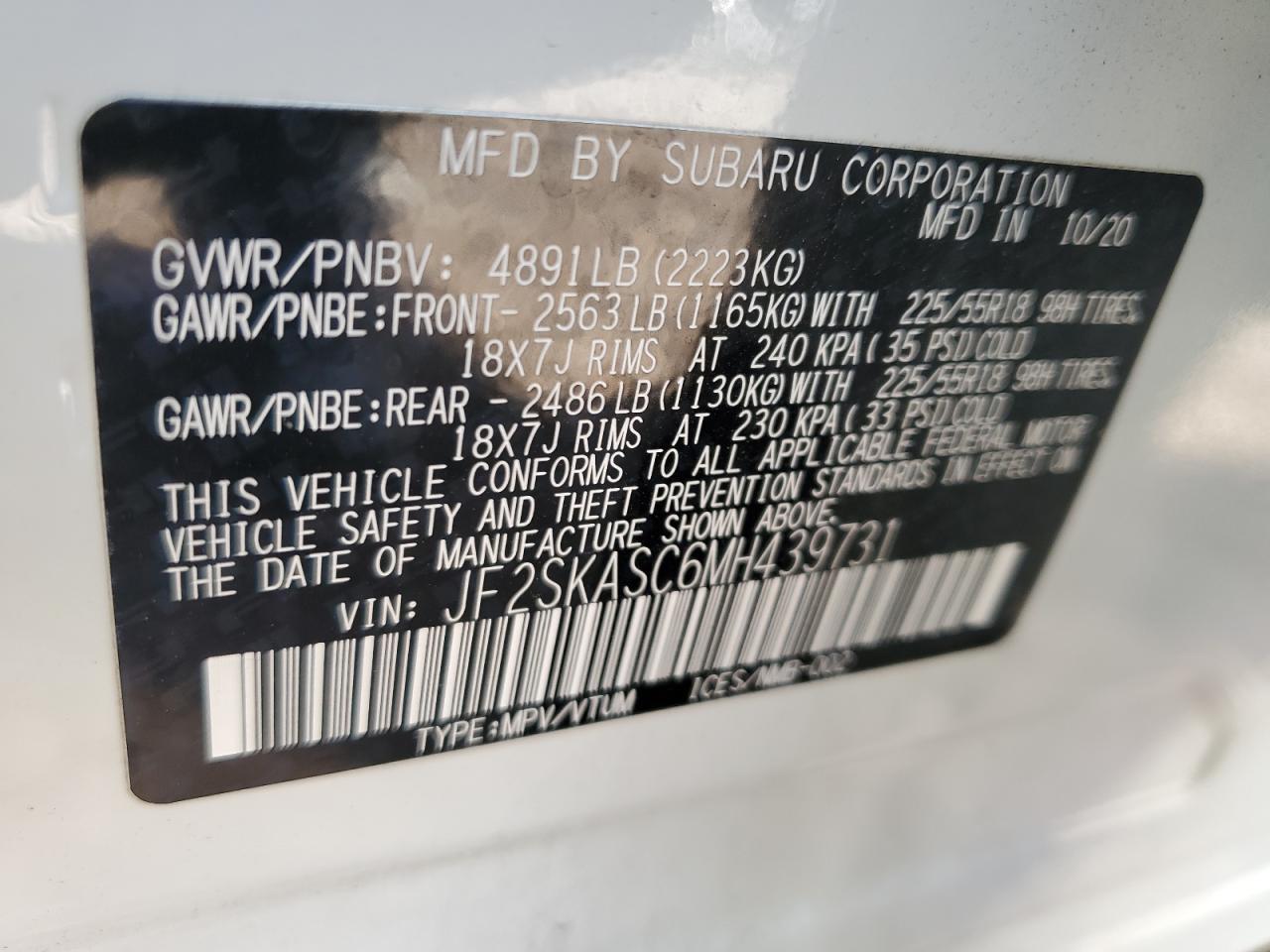 2021 Subaru Forester VIN JF2SKASC6MH439731 Copart auction photo, side damage thumbnail 15