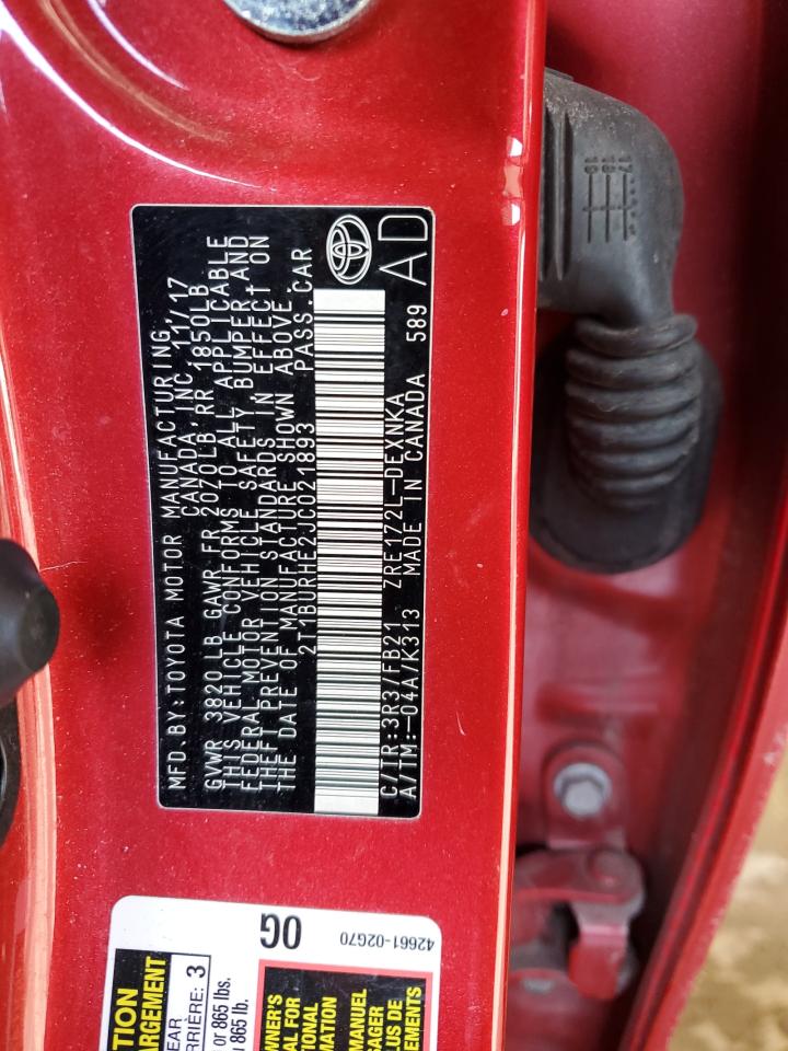 2018 Toyota Corolla VIN 2T1BURHE2JC021893 Copart auction photo, front end / rear end damage thumbnail 12