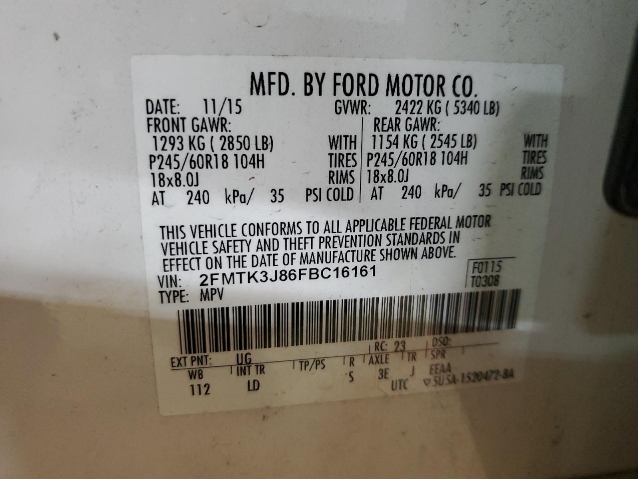 2015 Ford Edge VIN 2FMTK3J86FBC16161 Copart auction photo, front end / undercarriage damage thumbnail 13