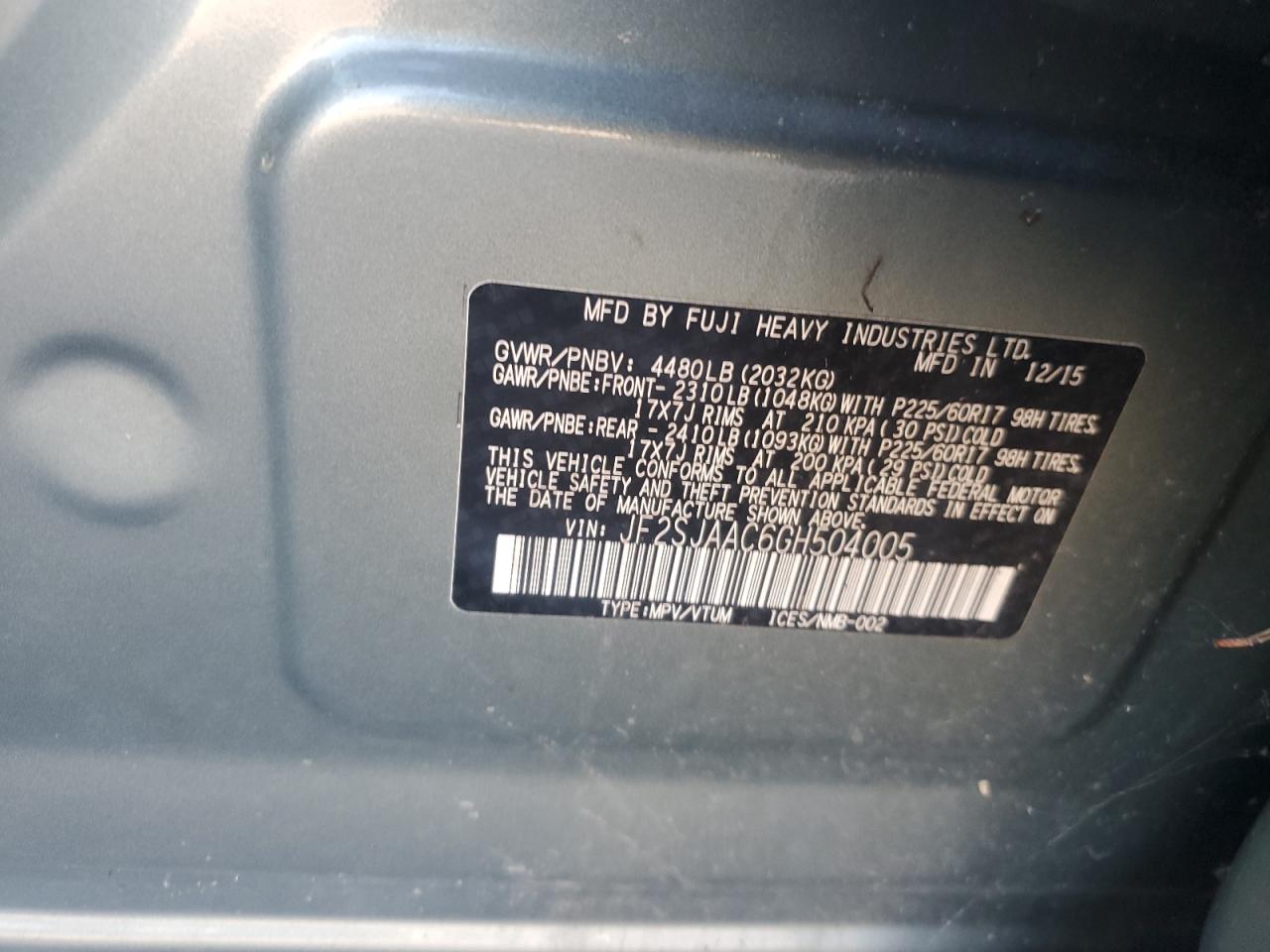 2016 Subaru Forester VIN JF2SJAAC6GH504005 Copart auction photo, front end / top/roof damage thumbnail 12