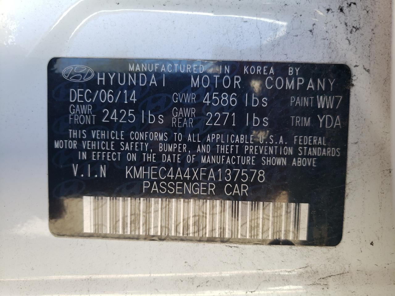 2015 Hyundai Sonata VIN KMHEC4A4XFA137578 Copart auction photo, rear end damage thumbnail 12