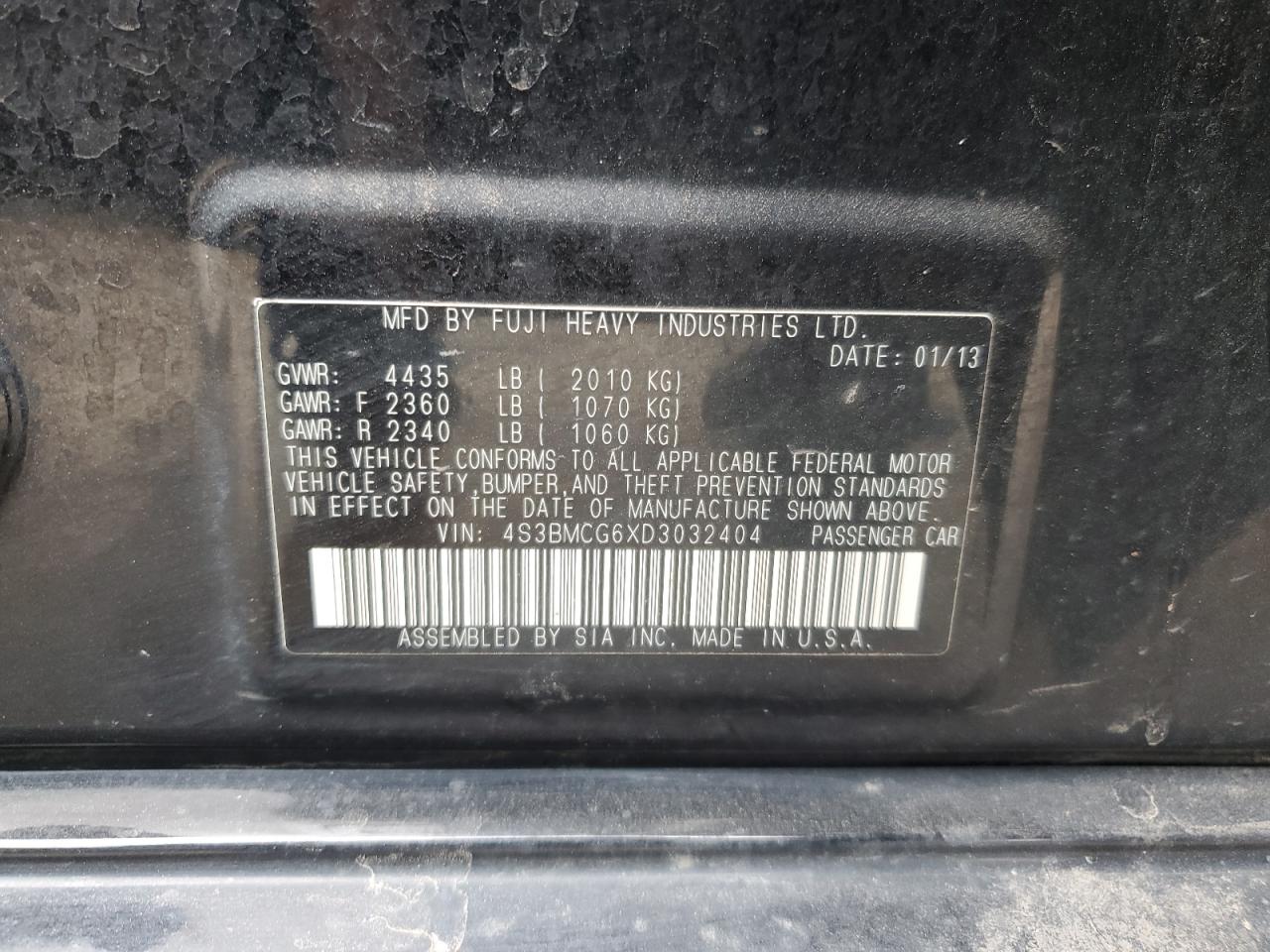 2013 Subaru Legacy VIN 4S3BMCG6XD3032404 Copart auction photo, front end damage thumbnail 14