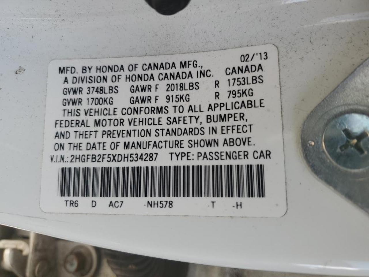 2013 Honda Civic VIN 2HGFB2F5XDH534287 Copart auction photo, front end damage thumbnail 15