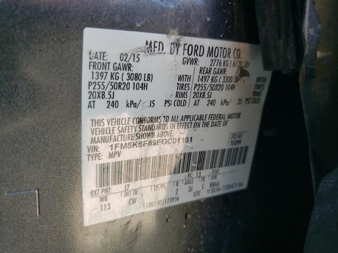 2015 Ford Explorer VIN 1FM5K8F89FGC01161 Copart auction photo, side / rear end damage thumbnail 10