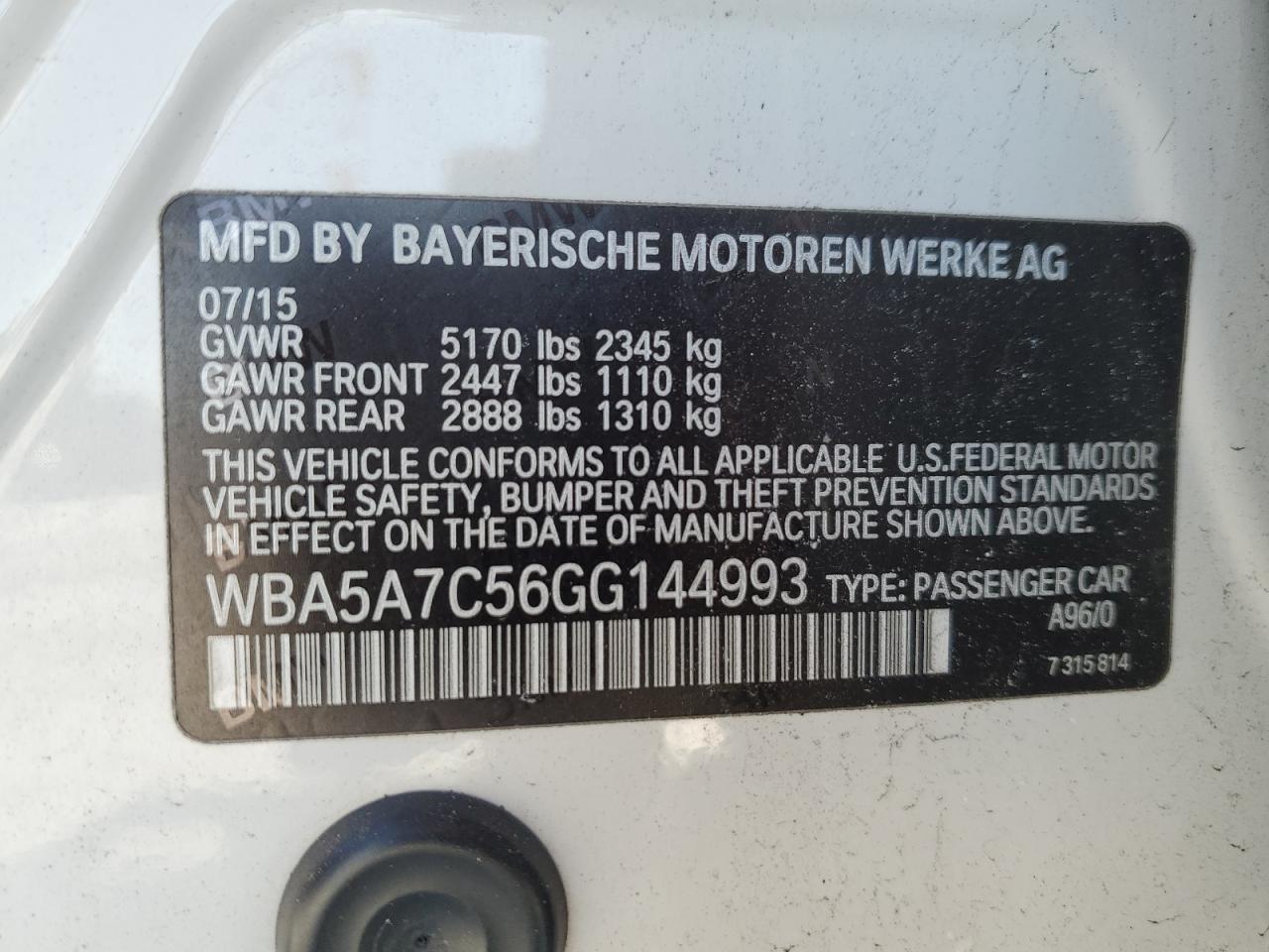 2016 BMW 5er VIN WBA5A7C56GG144993 Copart auction photo, water/flood / side damage thumbnail 12