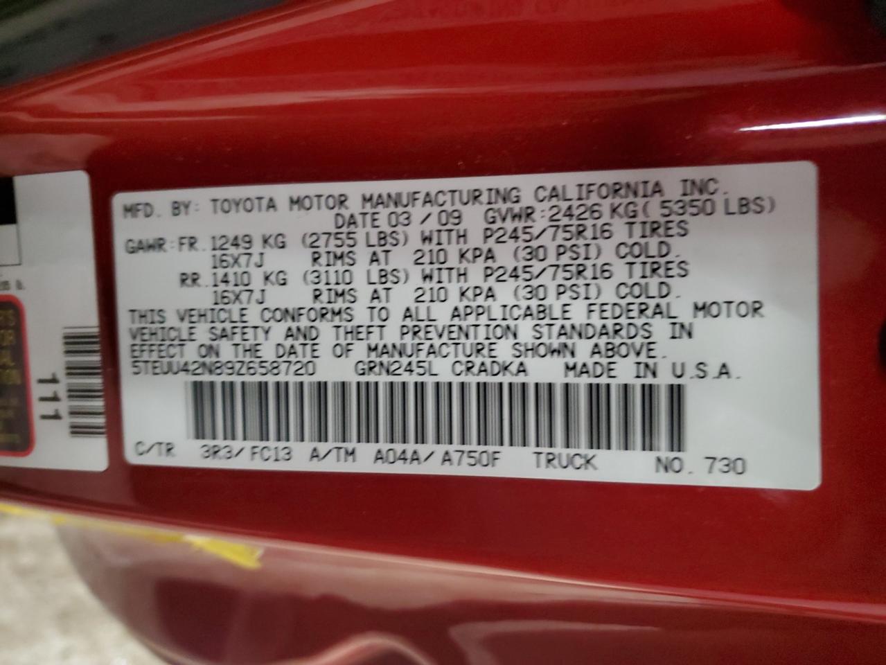 2009 Toyota Tacoma VIN 5TEUU42N89Z658720 Copart auction photo, side / minor dent/scratches damage thumbnail 12