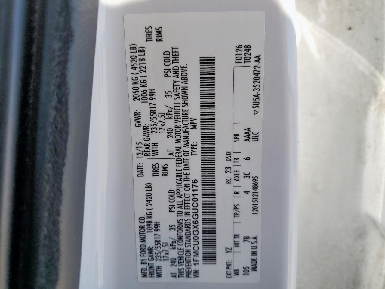 2016 Ford Escape VIN 1FMCU0GX6GUC01176 Copart auction photo, minor dent/scratches damage thumbnail 13