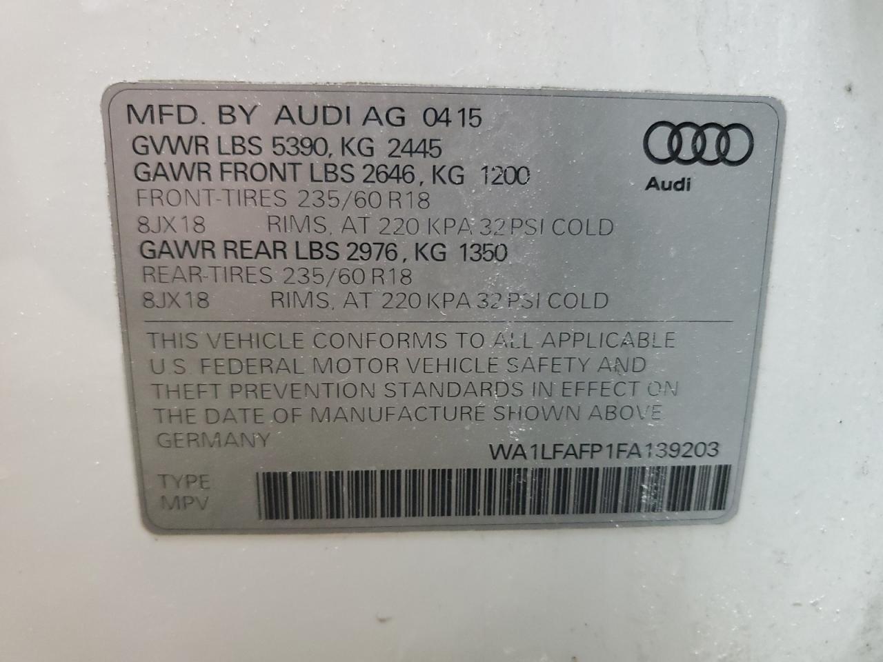 2015 Audi Q5 VIN WA1LFAFP1FA139203 Copart auction photo, front end damage thumbnail 14