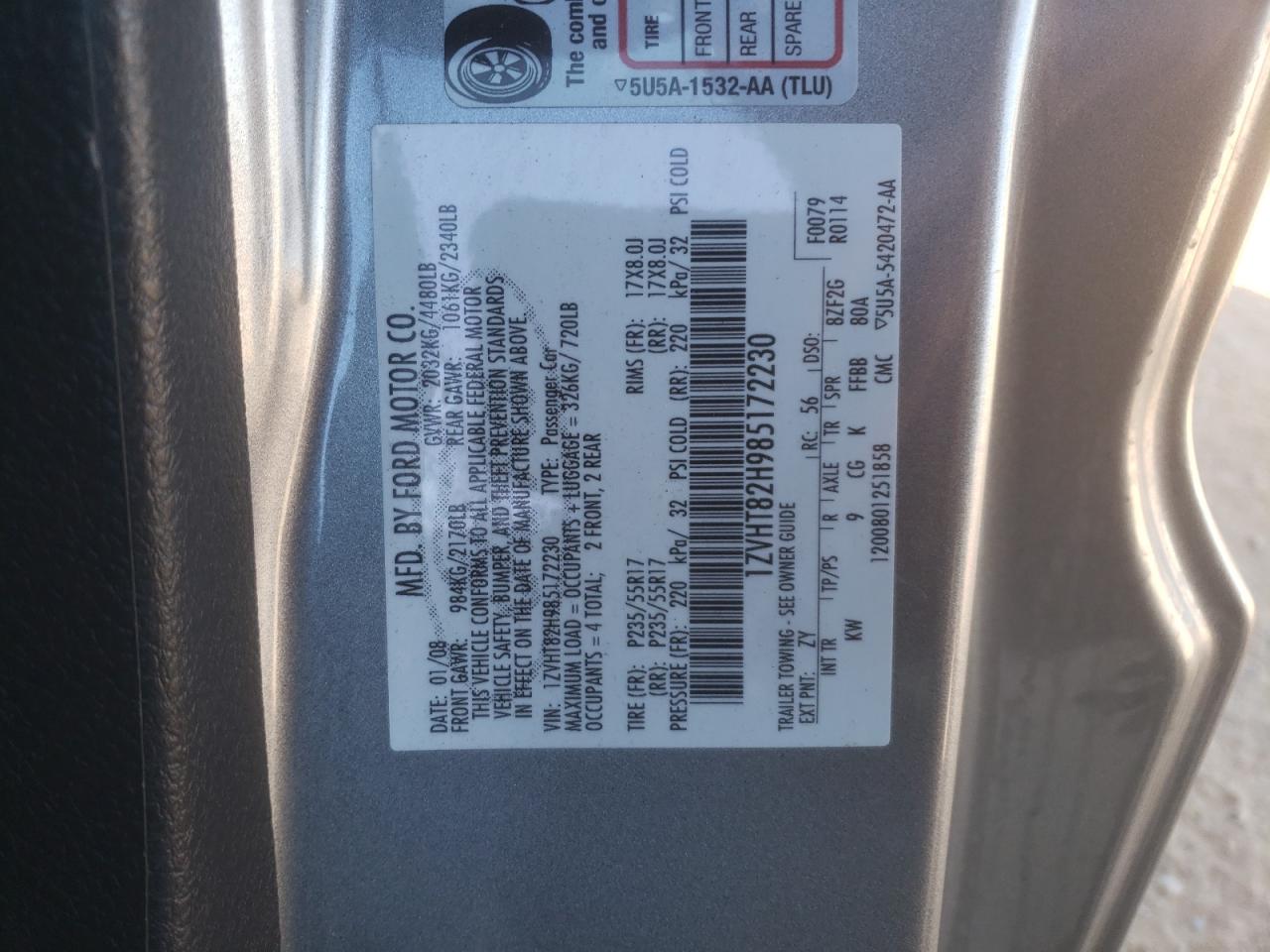 2008 Ford Mustang VIN 1ZVHT82H985172230 Copart auction photo, front end / mechanical damage thumbnail 12