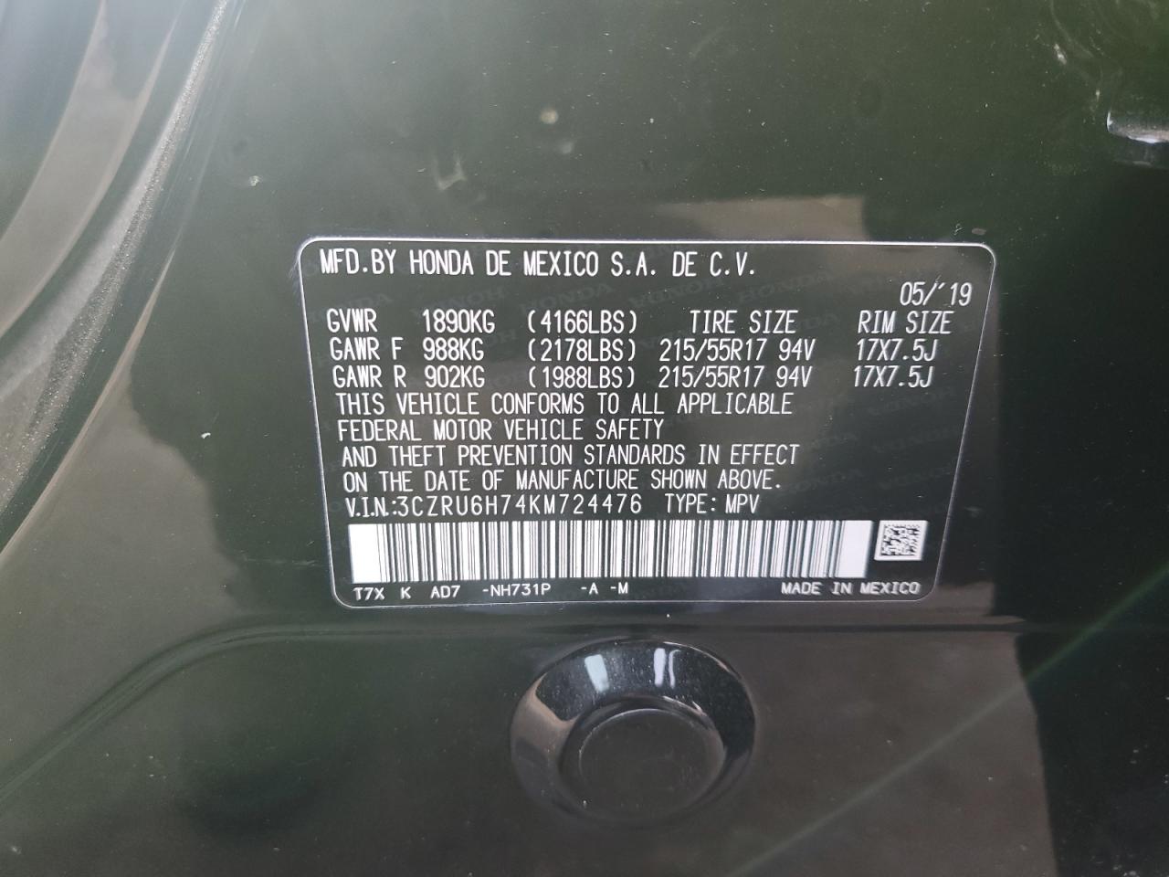 2019 Honda HR-V VIN 3CZRU6H74KM724476 Copart auction photo, front end / side damage thumbnail 15