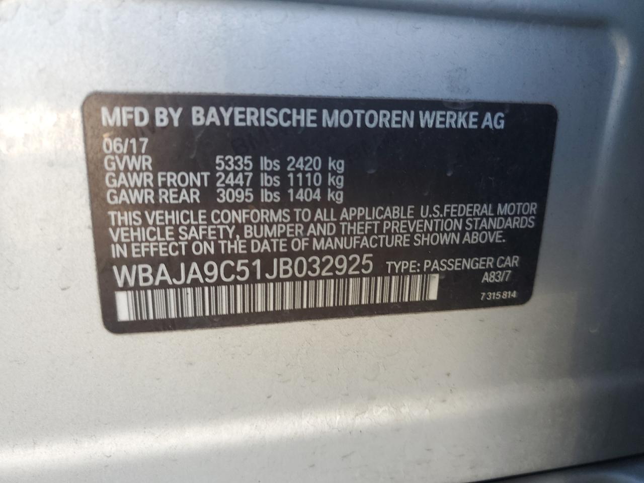 2018 BMW 5er VIN WBAJA9C51JB032925 Copart auction photo, water/flood / front end damage thumbnail 12