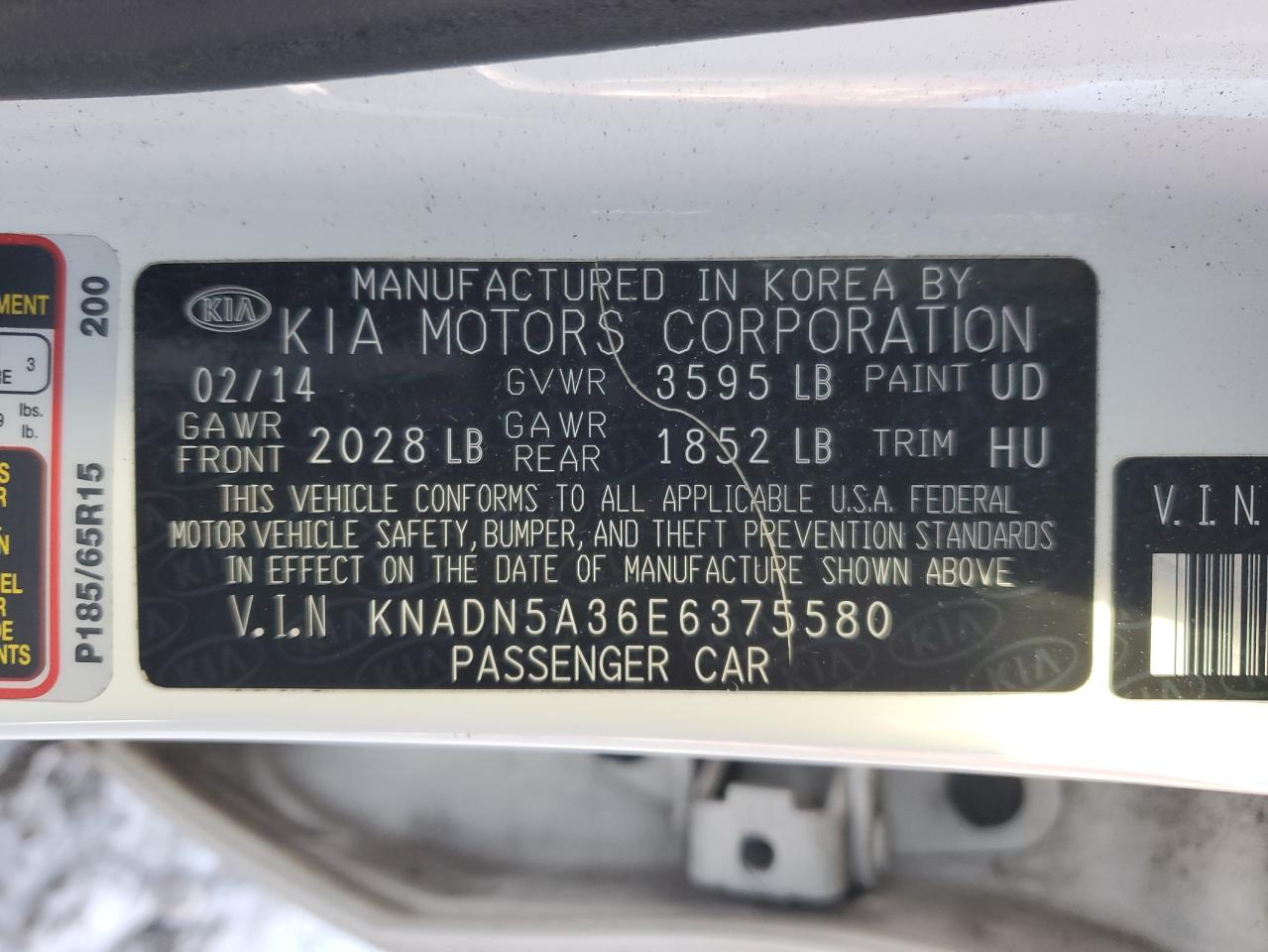 2014 KIA Rio VIN KNADN5A36E6375580 Copart auction photo, front end damage thumbnail 12