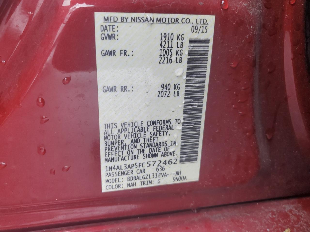 2015 Nissan Altima VIN 1N4AL3AP5FC572462 Copart auction photo, side damage thumbnail 12