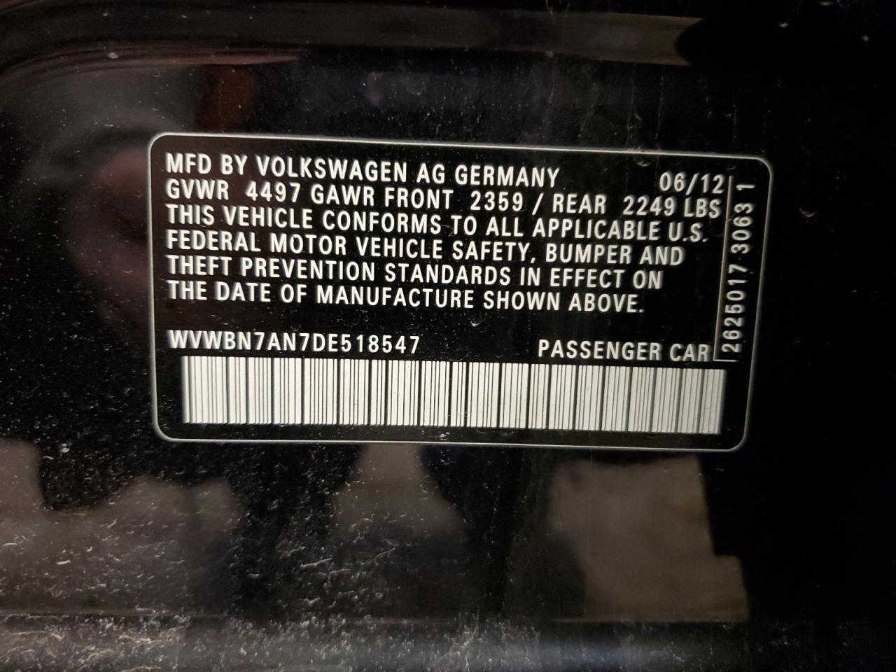 2013 Volkswagen Passat CC VIN WVWBN7AN7DE518547 Copart auction photo, mechanical / normal wear damage thumbnail 12