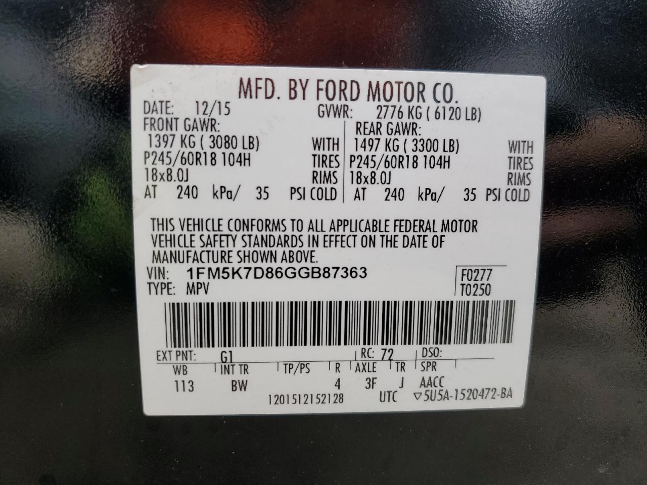 2016 Ford Explorer VIN 1FM5K7D86GGB87363 Copart auction photo, front end damage thumbnail 14