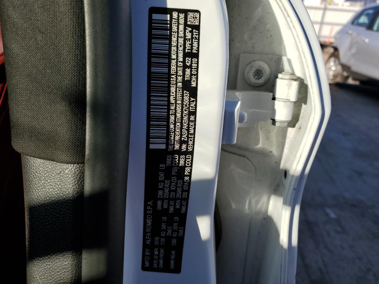 2019 Alfa Romeo Stelvio VIN ZASPAKBN7K7C50837 Copart auction photo, front end / side damage thumbnail 13