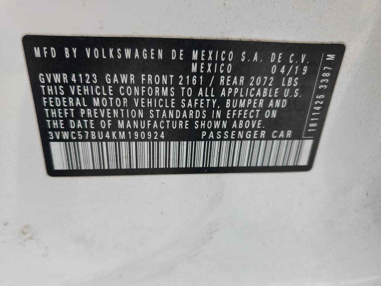 2019 Volkswagen Jetta VIN 3VWC57BU4KM190924 Copart auction photo, front end / side damage thumbnail 14