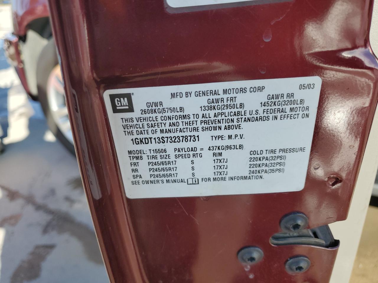 2003 GMC Envoy VIN 1GKDT13S732378731 Copart auction photo, front end / rear end damage thumbnail 14