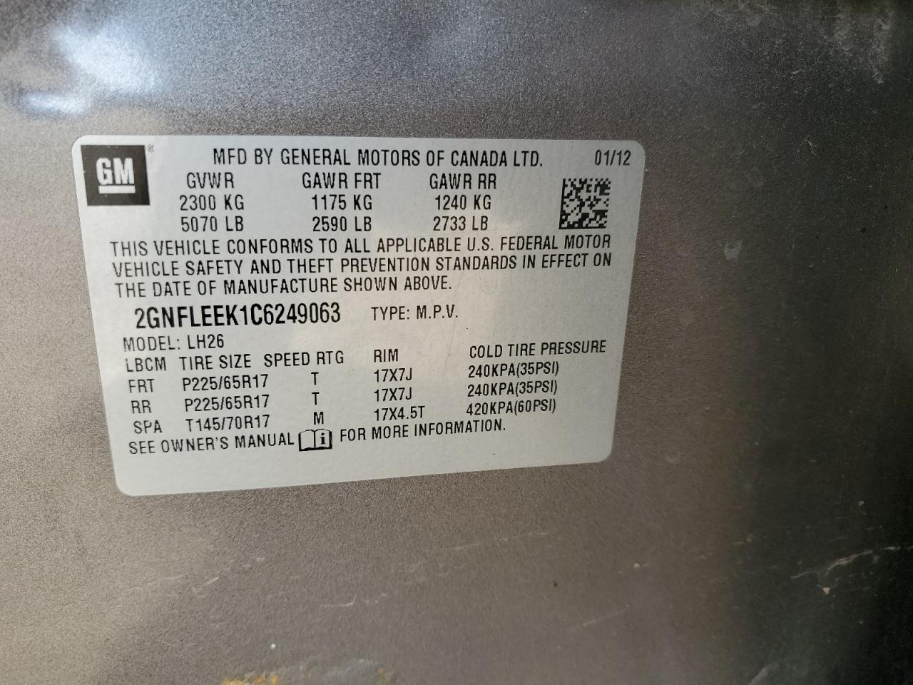 2012 Chevrolet Equinox VIN 2GNFLEEK1C6249063 Copart auction photo, side / rear end damage thumbnail 12