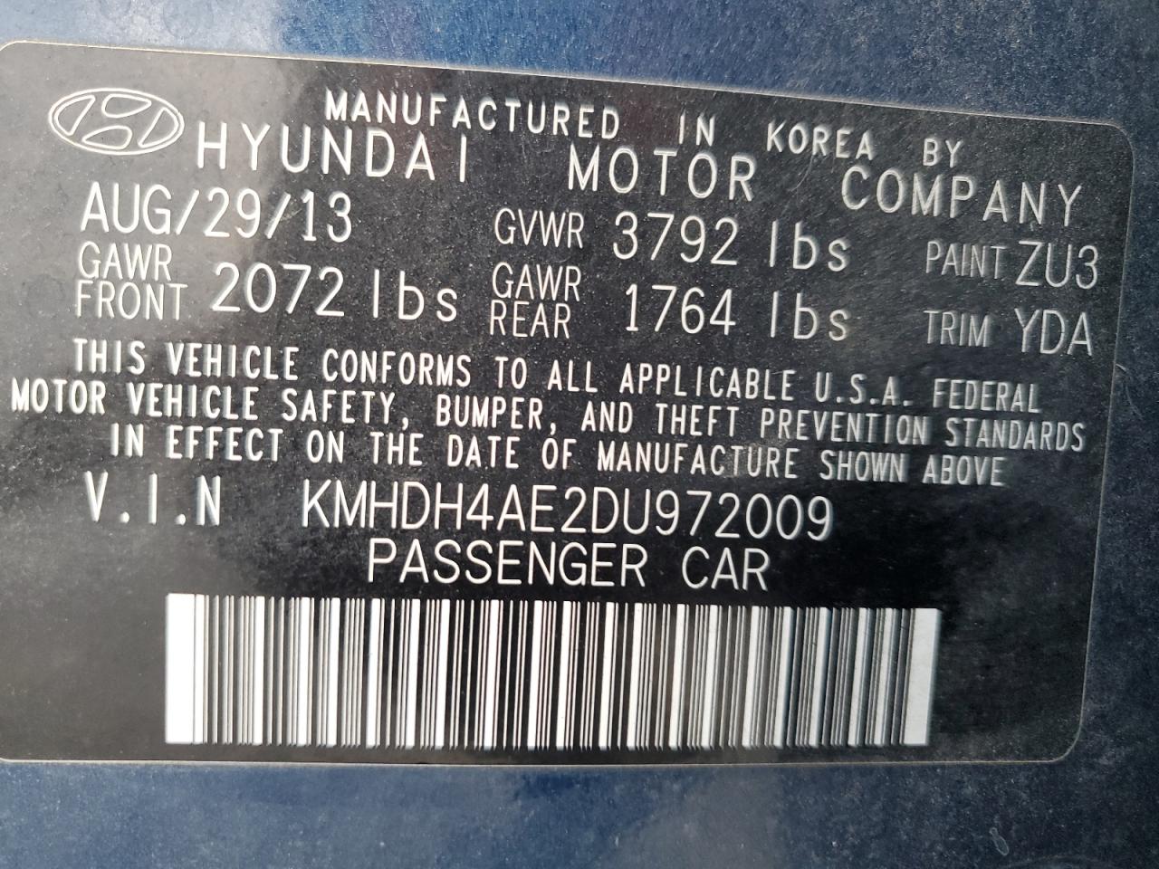 2013 Hyundai Elantra VIN KMHDH4AE2DU972009 Copart auction photo, front end damage thumbnail 14